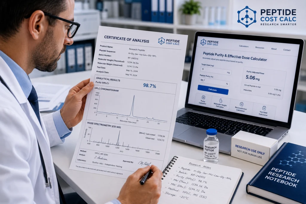 Doctor reading a peptide certificate of analysis with research vial, lab notes, and peptide purity calculator on laptop