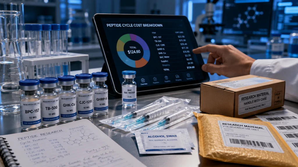 Peptide cycle cost calculator with peptide vials, lab supplies, and research budget planning setup.