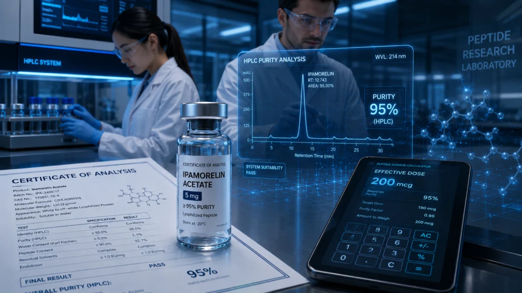 Peptide purity calculator showing a 95% CoA report, HPLC purity graph, research vial, and scientists in a futuristic lab.