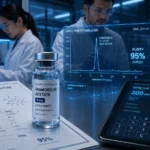 Peptide purity calculator showing a 95% CoA report, HPLC purity graph, research vial, and scientists in a futuristic lab.