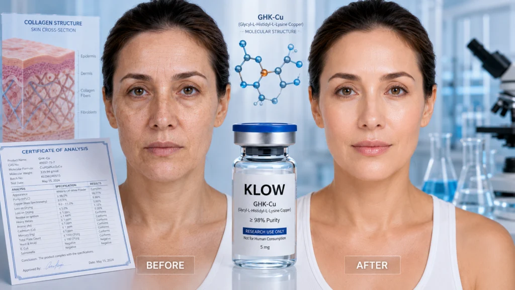 KLOW peptide skin research vial beside collagen