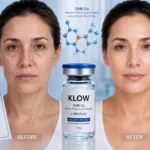 KLOW peptide skin research vial beside collagen